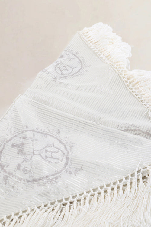 Hermés Silver Logo Printed Lurex Cotton Triangular Fringed Scarf