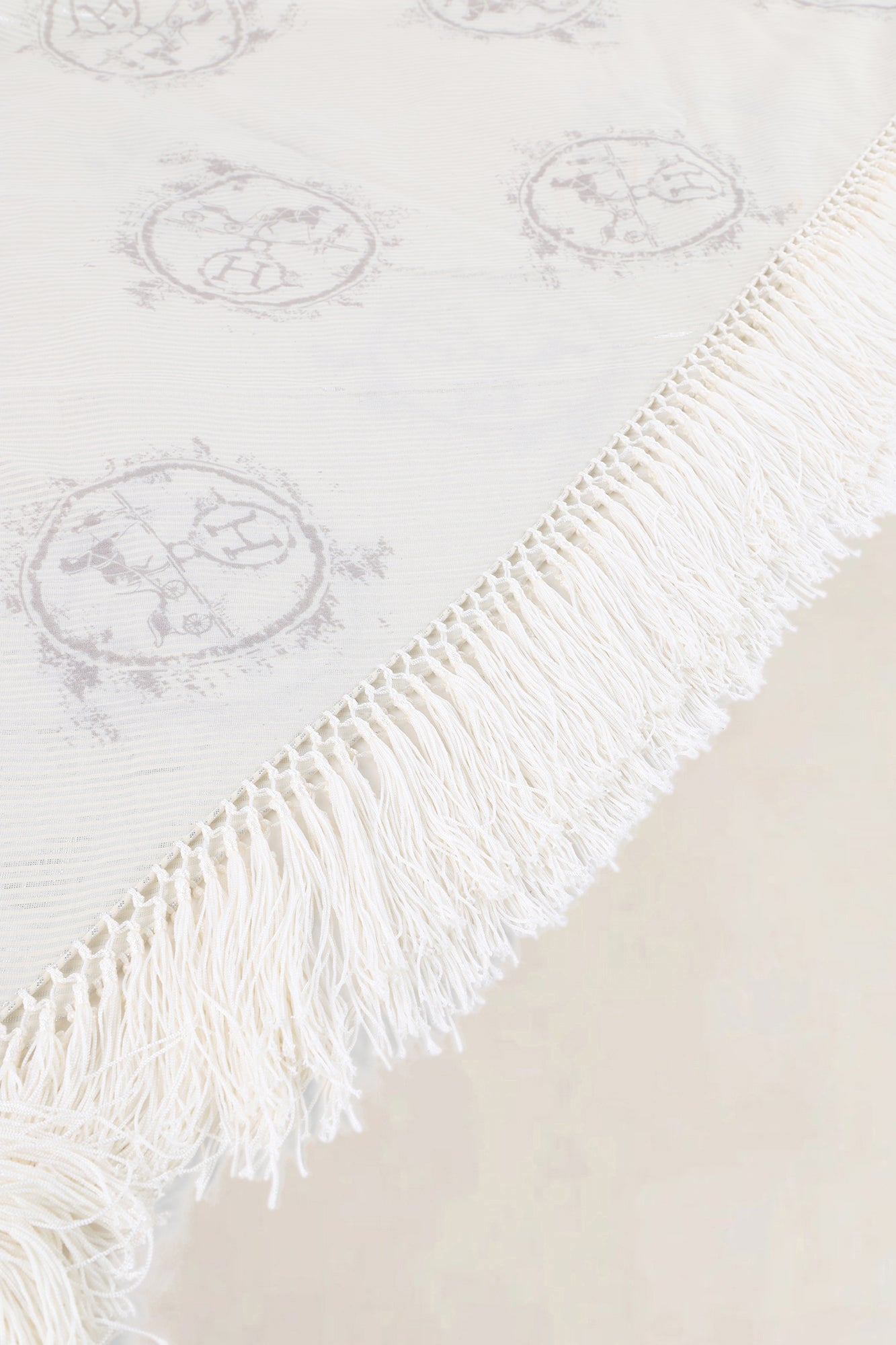 Hermés Silver Logo Printed Lurex Cotton Triangular Fringed Scarf