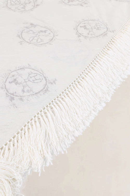 Hermés Silver Logo Printed Lurex Cotton Triangular Fringed Scarf