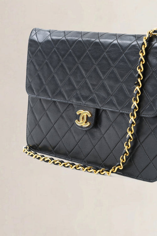 Chanel Vintage Black Lambskin Single Flap Shoulder Bag