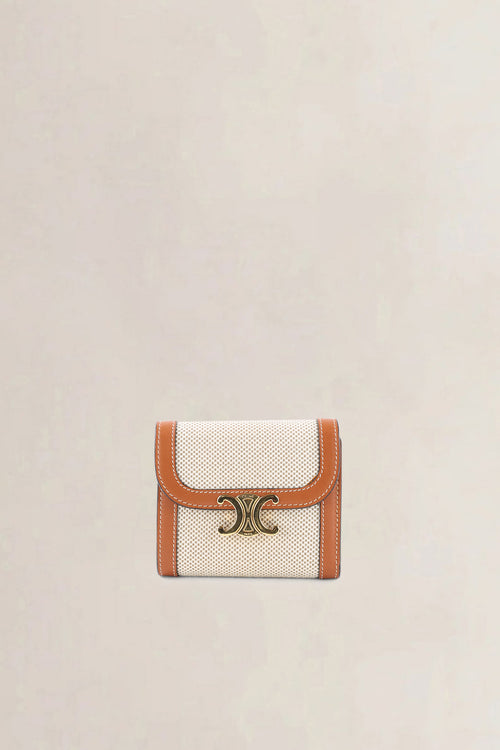 Céline Triomphe Beige Canvas Brown Leather Compact Wallet