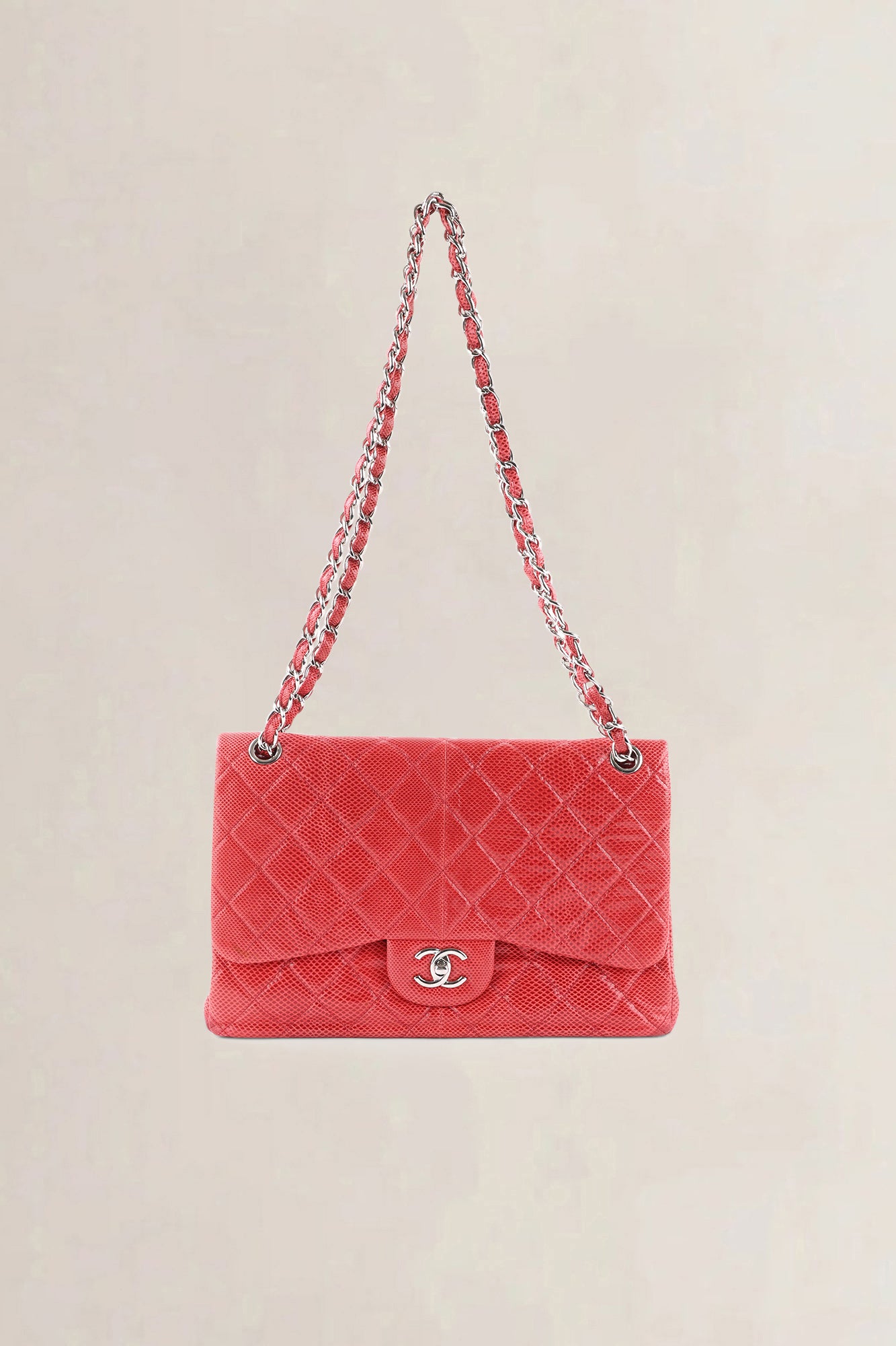 Chanel Pink Quilted Lizard Embossed Leather Jumbo Classic Double Flap Bag