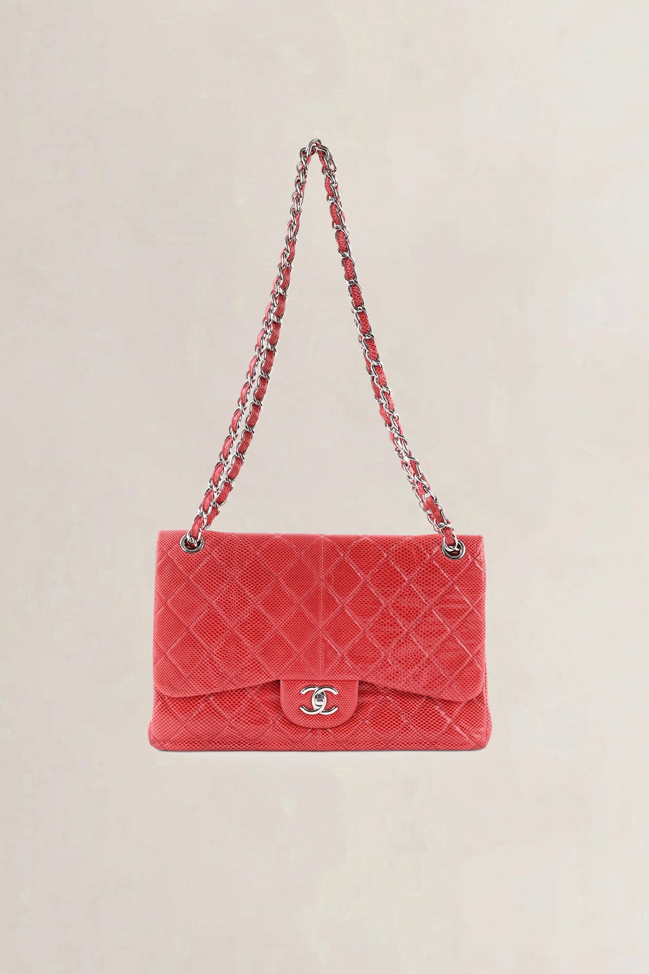 Chanel Pink Quilted Lizard Embossed Leather Jumbo Classic Double Flap Bag