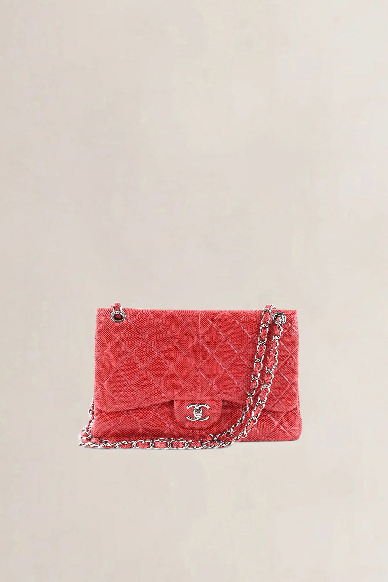 Chanel Pink Quilted Lizard Embossed Leather Jumbo Classic Double Flap Bag