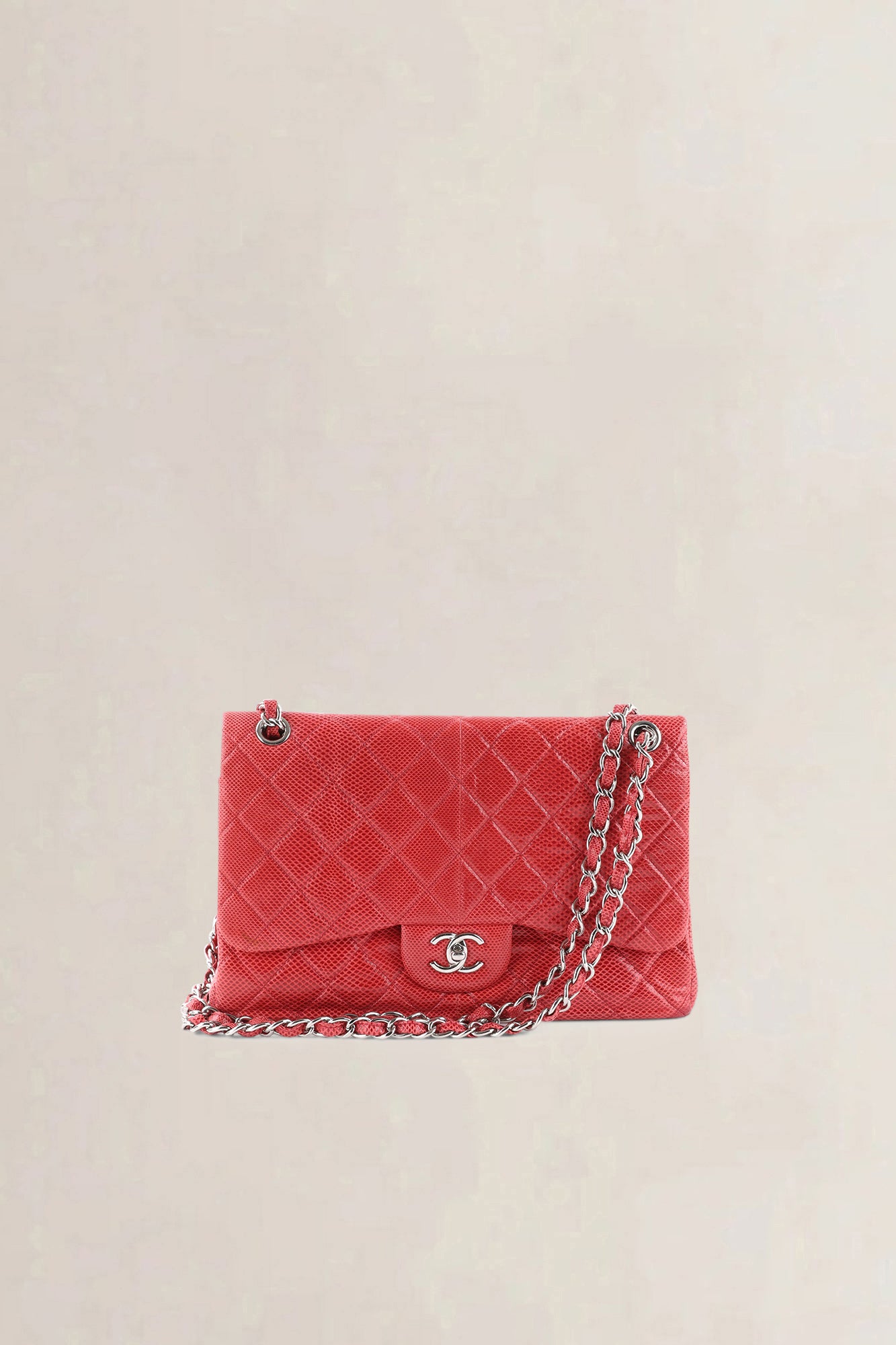 Chanel Pink Quilted Lizard Embossed Leather Jumbo Classic Double Flap Bag