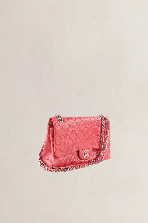 Chanel Pink Quilted Lizard Embossed Leather Jumbo Classic Double Flap Bag