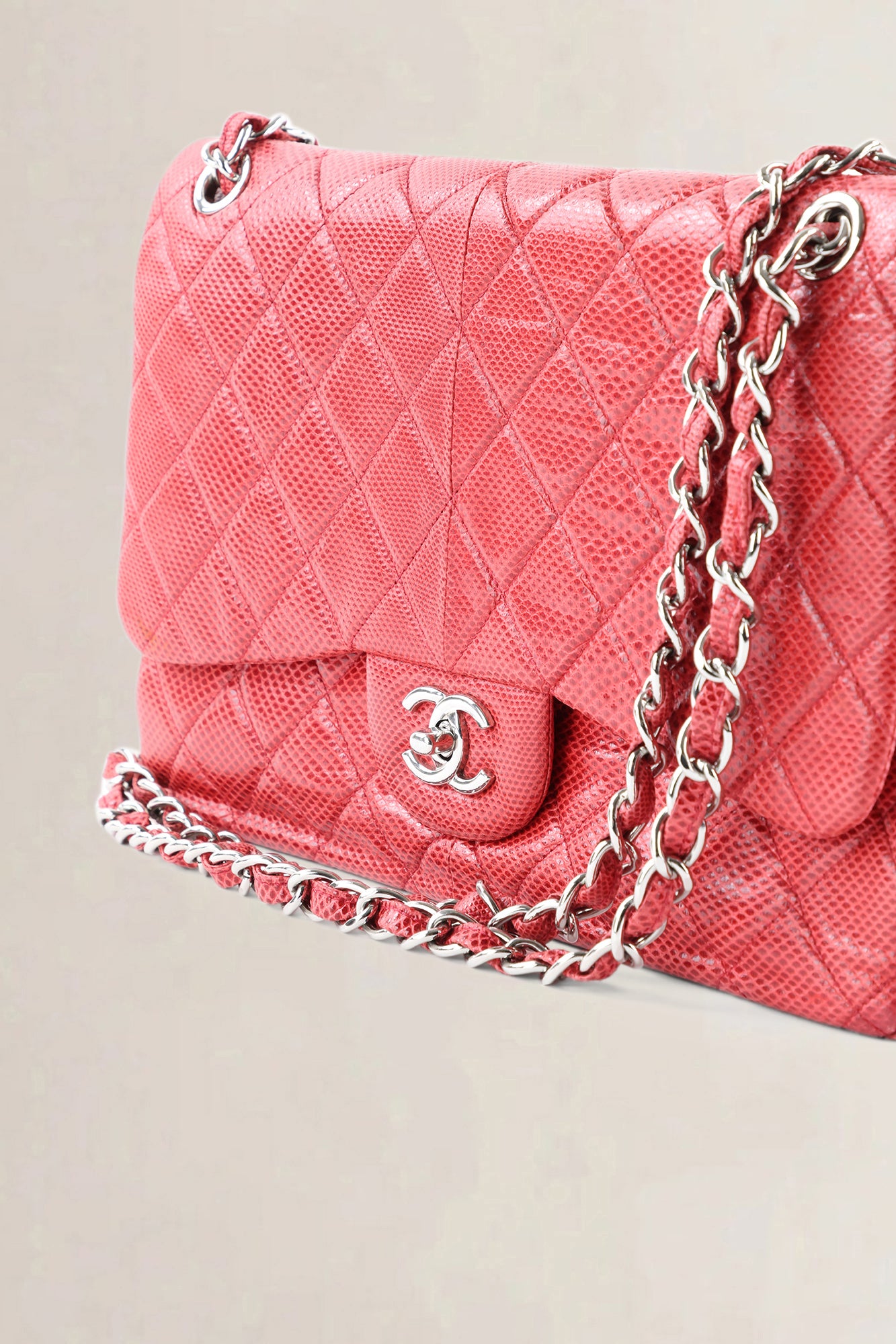 Chanel Pink Quilted Lizard Embossed Leather Jumbo Classic Double Flap Bag