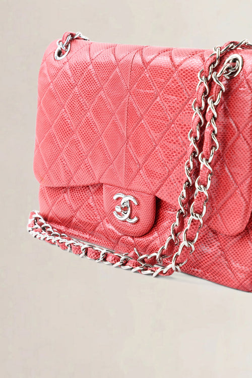 Chanel Pink Quilted Lizard Embossed Leather Jumbo Classic Double Flap Bag