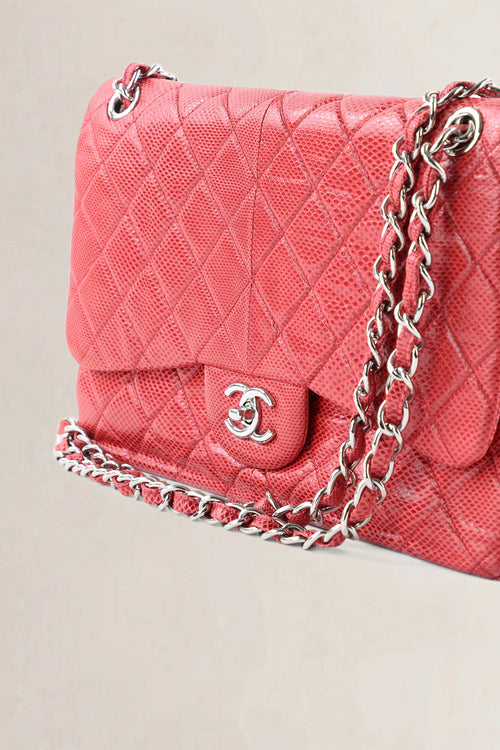 Chanel Pink Quilted Lizard Embossed Leather Jumbo Classic Double Flap Bag