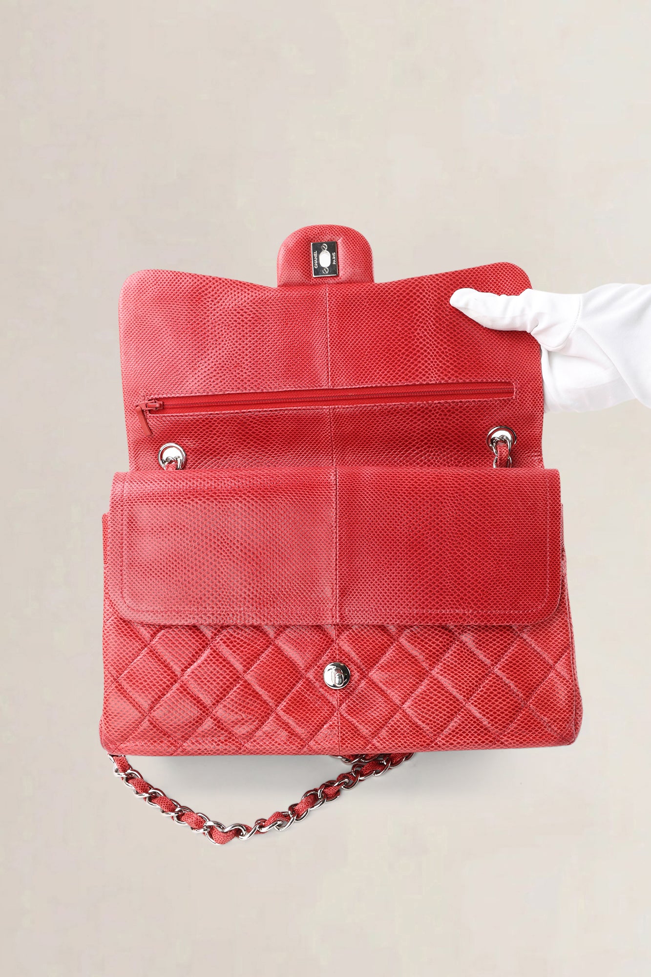 Chanel Pink Quilted Lizard Embossed Leather Jumbo Classic Double Flap Bag