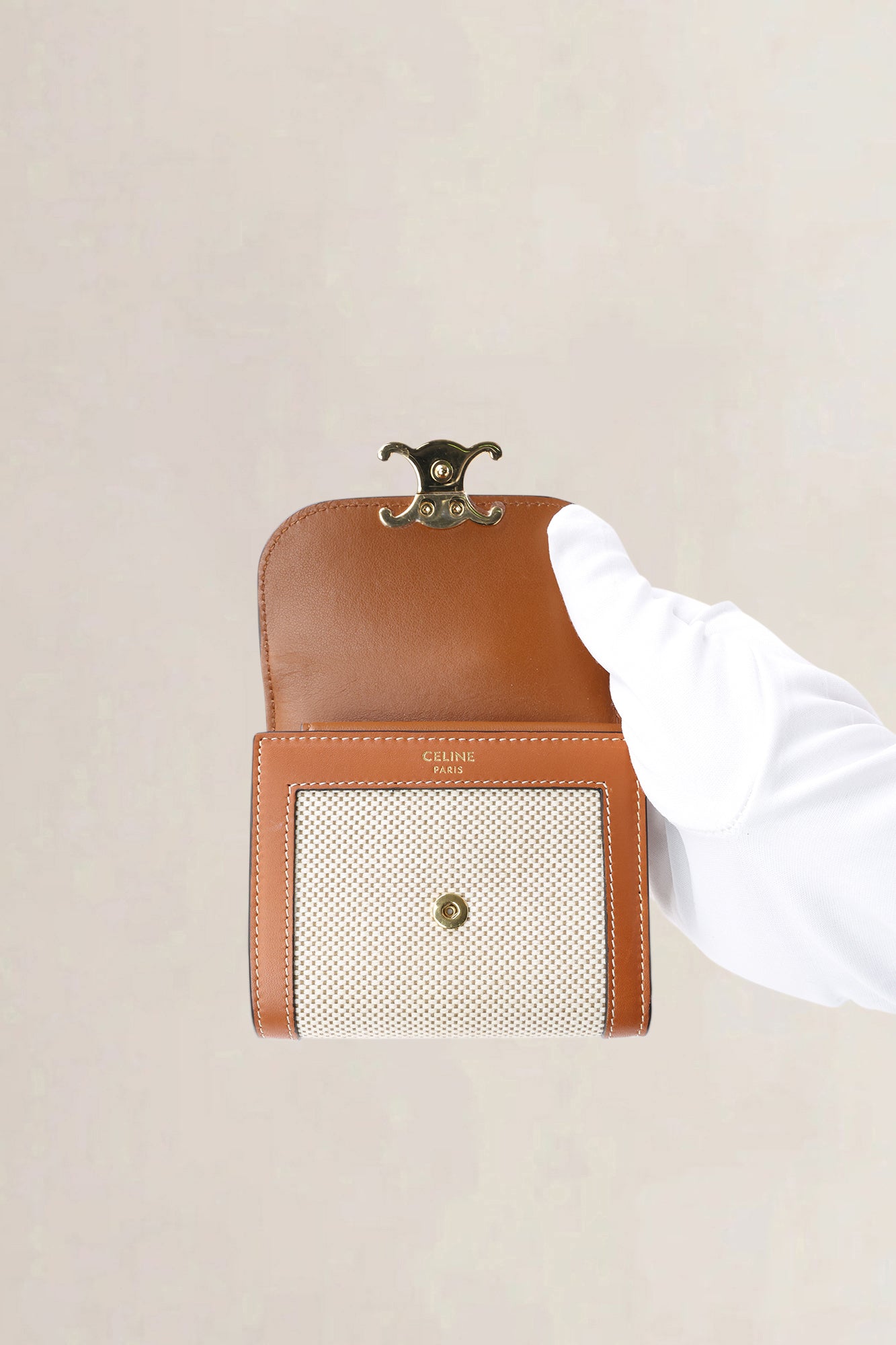 Céline Triomphe Beige Canvas Brown Leather Compact Wallet