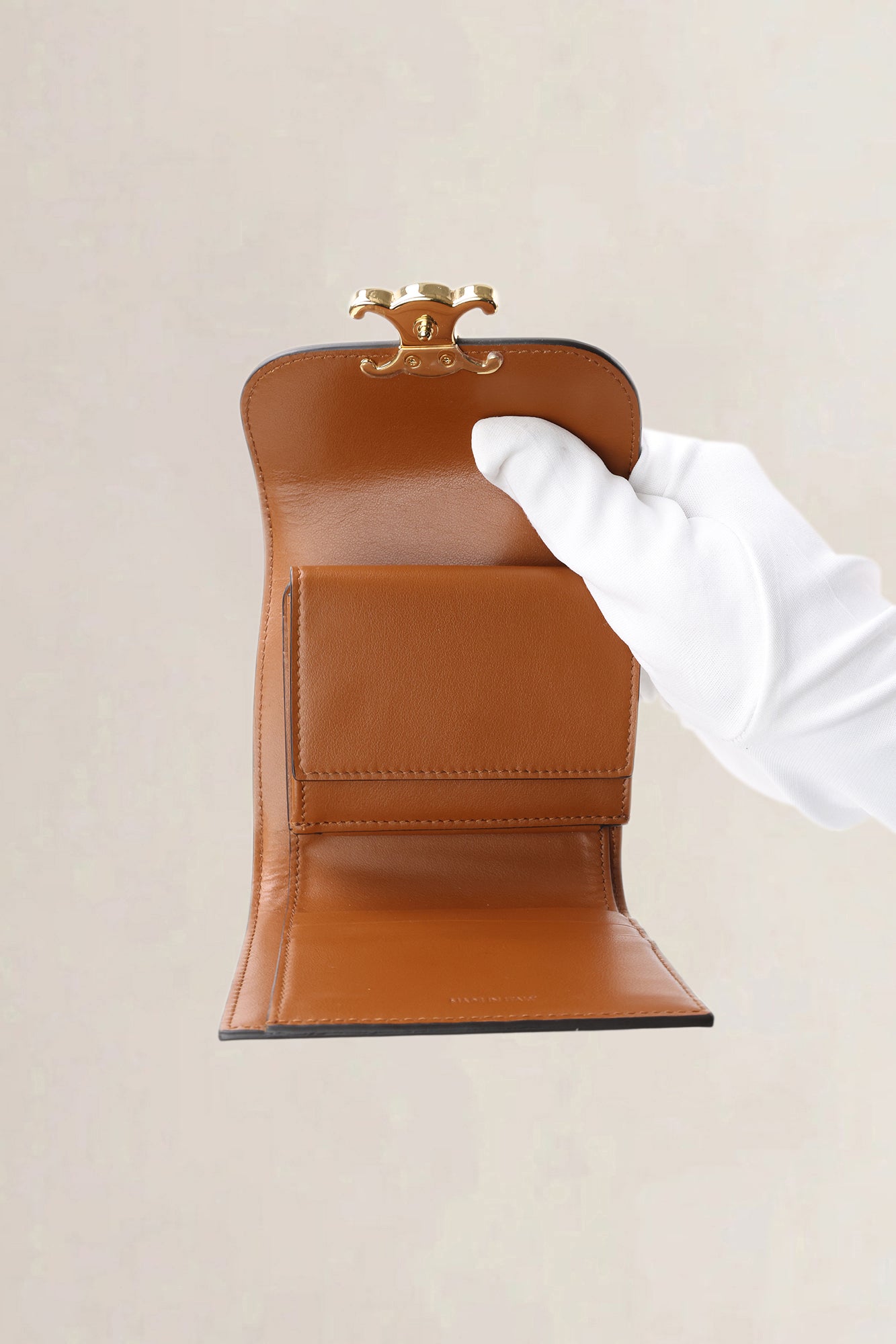 Céline Triomphe Beige Canvas Brown Leather Compact Wallet