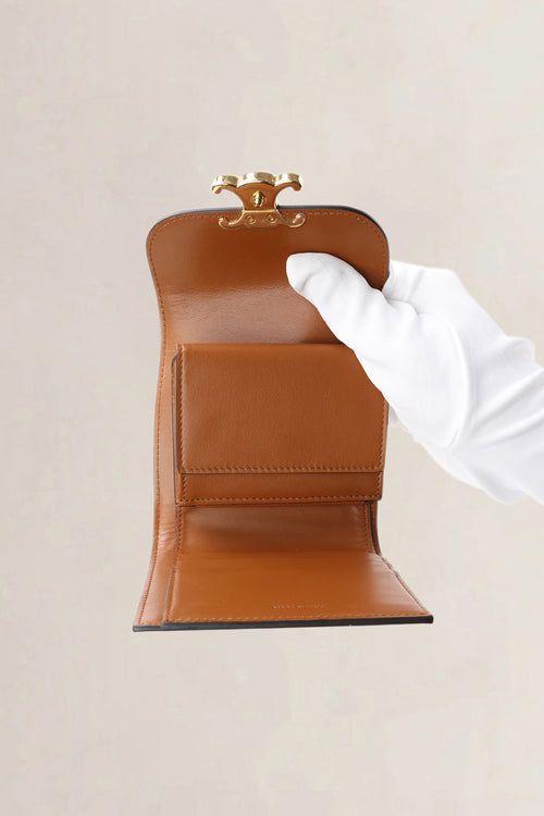 Céline Triomphe Beige Canvas Brown Leather Compact Wallet
