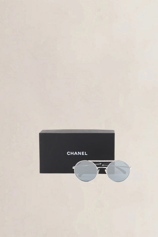 Chanel Silver Grey Mirrored Round Pilot Sunglasses