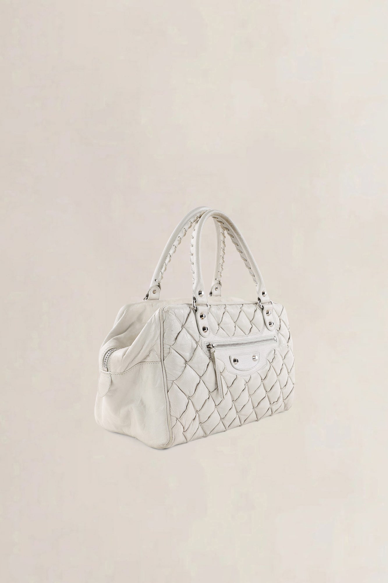 C Balenciaga White Quilted Leather Matelassé Top Handle Bag