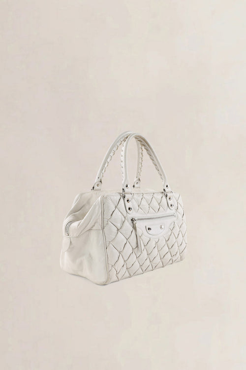 C Balenciaga White Quilted Leather Matelassé Top Handle Bag