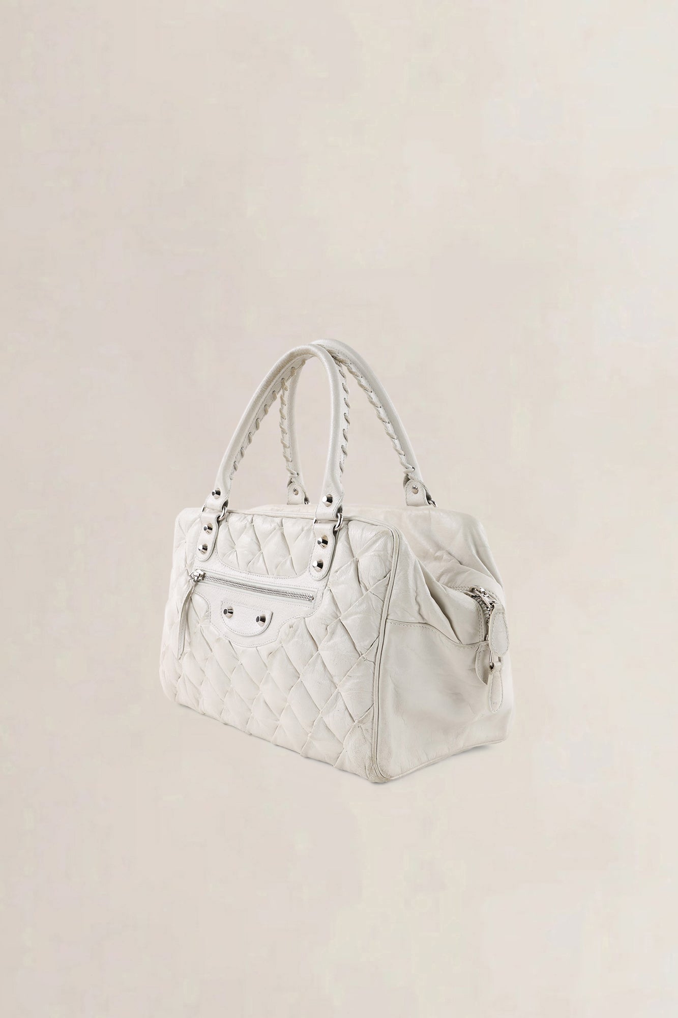 C Balenciaga White Quilted Leather Matelassé Top Handle Bag