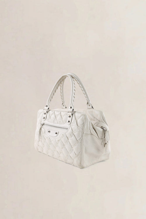 C Balenciaga White Quilted Leather Matelassé Top Handle Bag