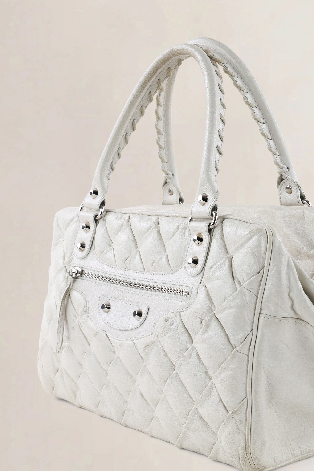 C Balenciaga White Quilted Leather Matelassé Top Handle Bag