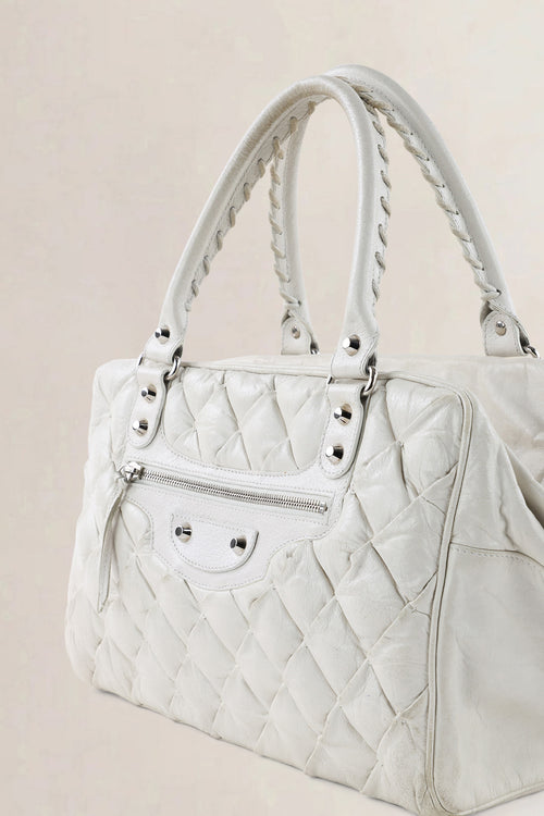 C Balenciaga White Quilted Leather Matelassé Top Handle Bag