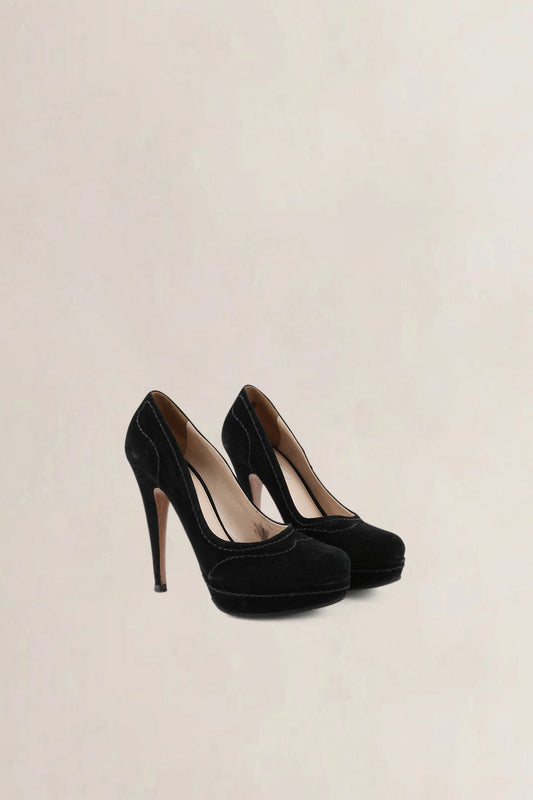 Prada Dark Brown Suede Whipstitch Heels — preloved