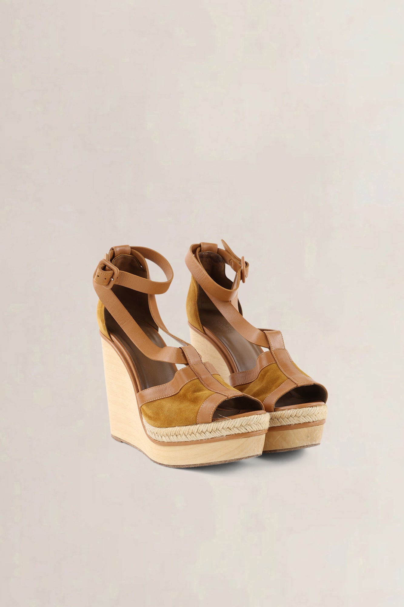 Hermès Brown Suede Ankle Strap Wedge Sandals