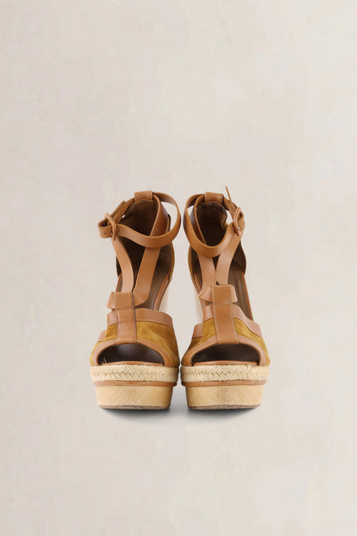 Hermès Brown Suede Ankle Strap Wedge Sandals