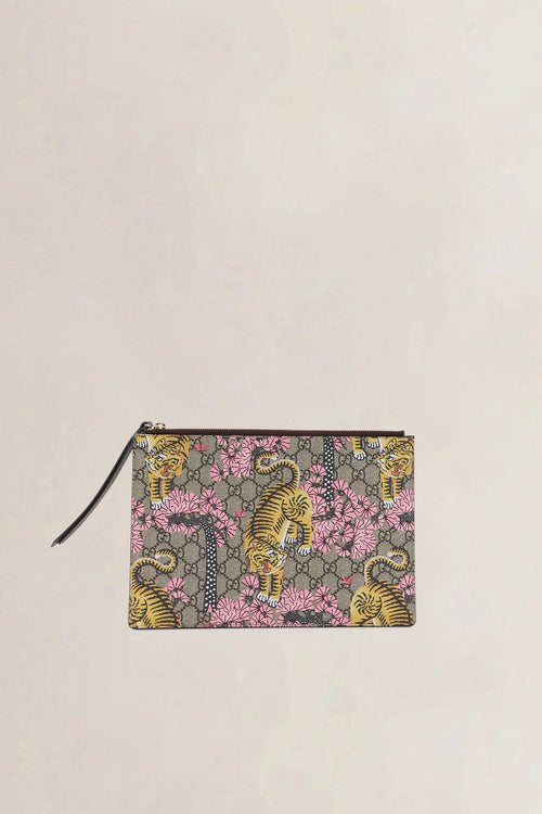 Gucci Pink Bengal Tiger Print GG Supreme Clutch & Silk Headband Set