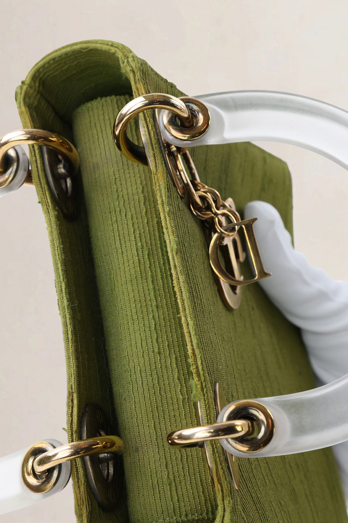 Christian Dior Green Canvas Mini Lady Dior Top Handle Bag