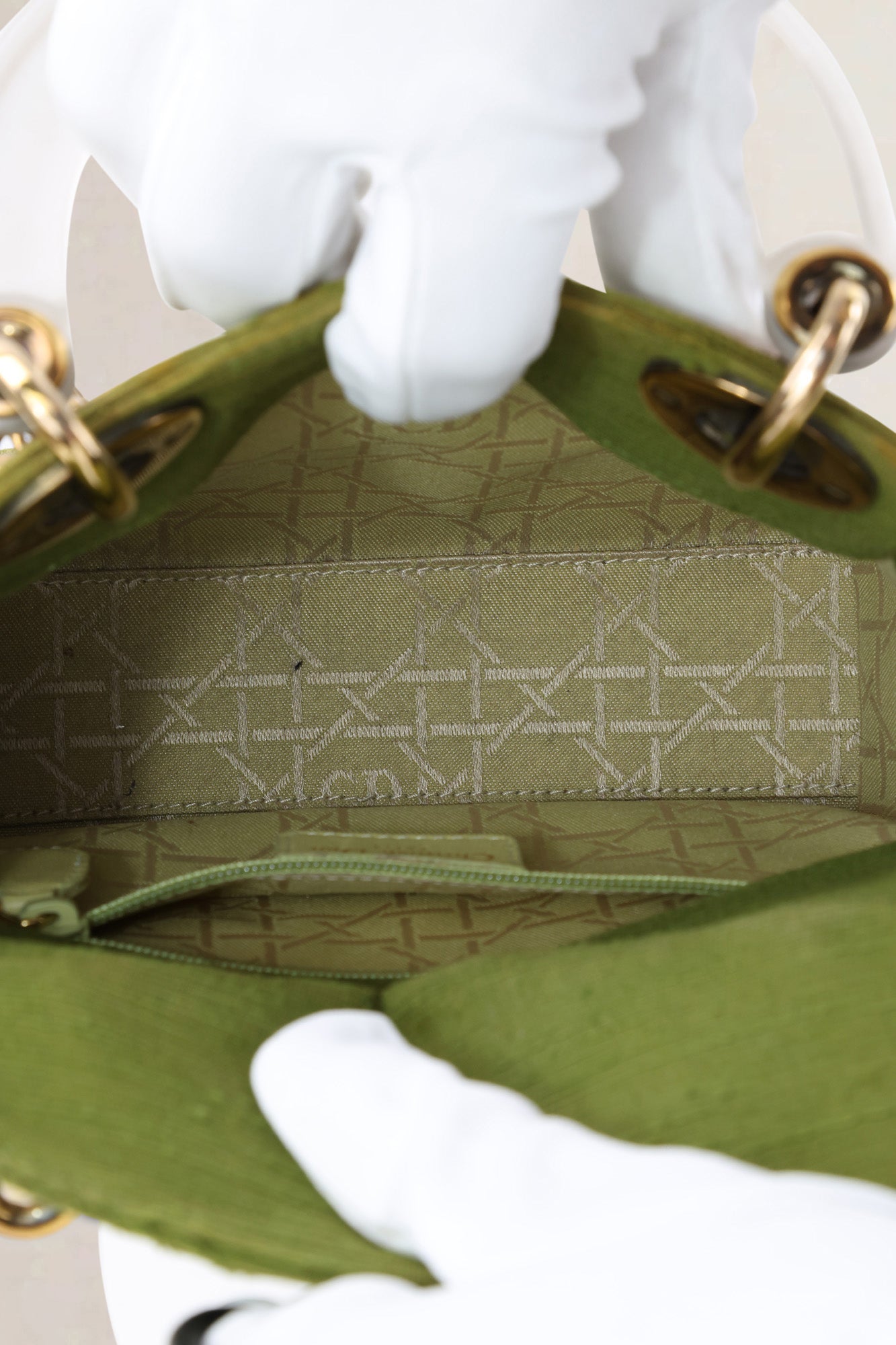 Christian Dior Green Canvas Mini Lady Dior Top Handle Bag