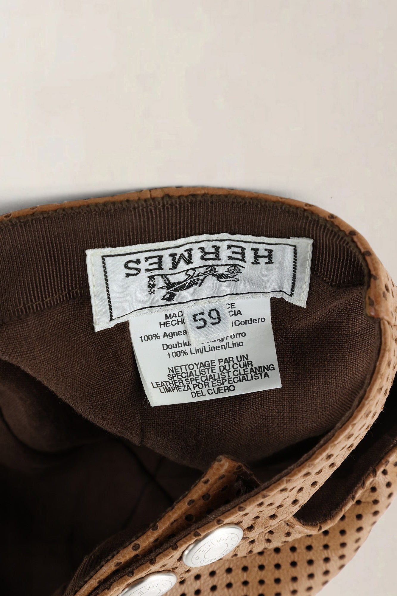 Hermès Brown Perforated Lambskin Leather 59 Cap