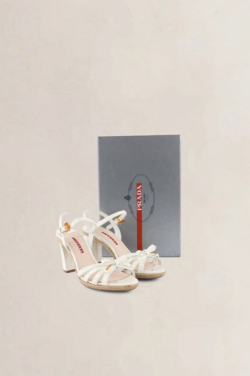 Prada White Patent Leather & Wicker Sandals
