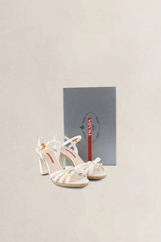 Prada White Patent Leather & Wicker Sandals
