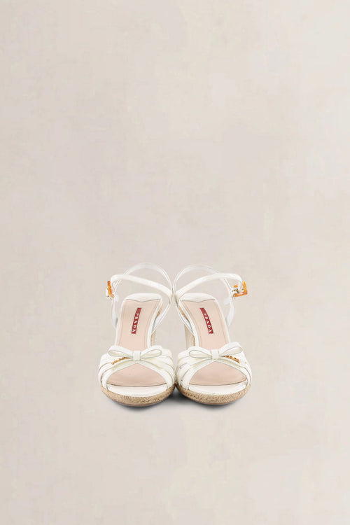 Prada White Patent Leather & Wicker Sandals