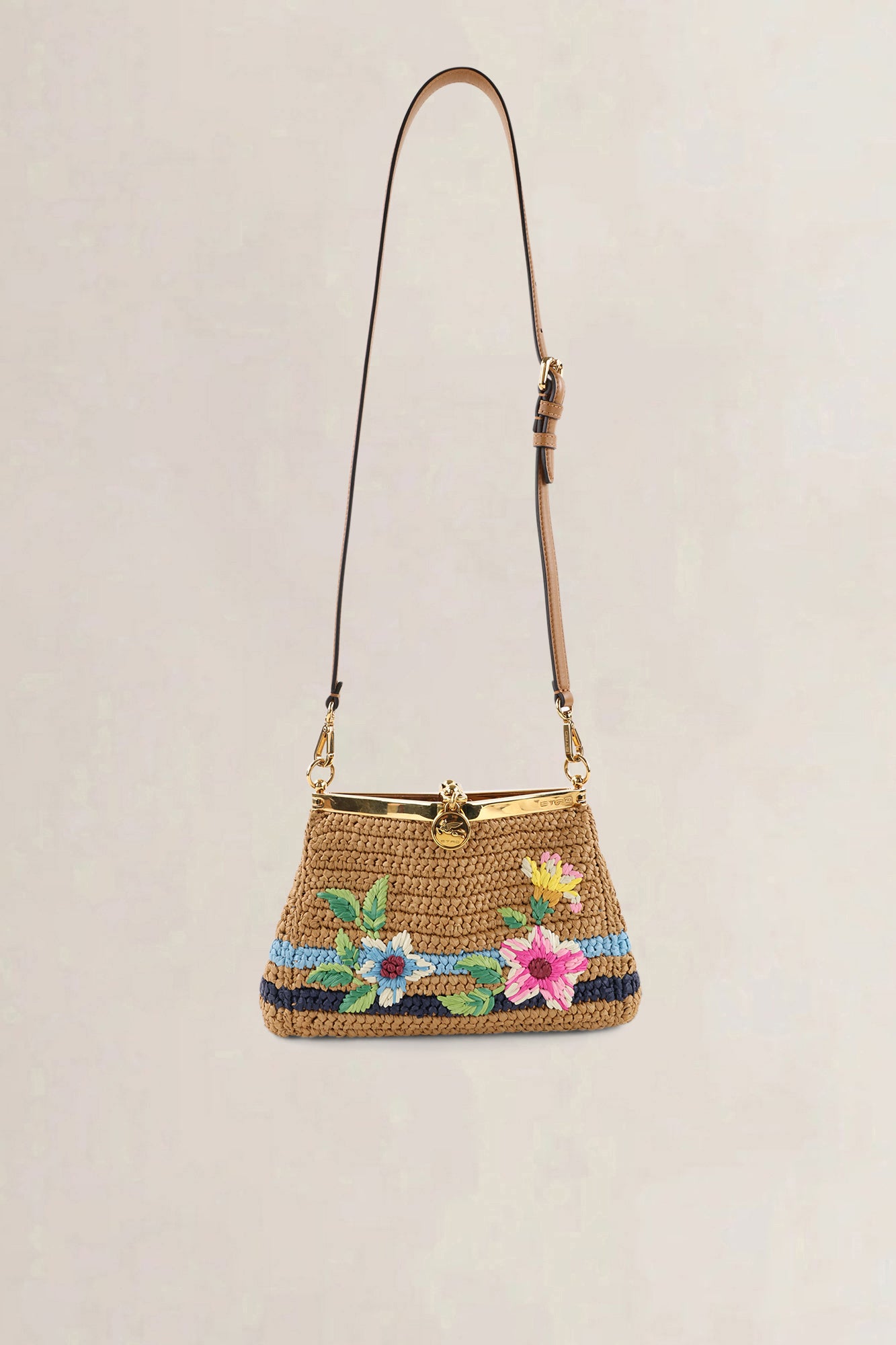 Etro Brown Raffia Floral-Embroidered Crossbody Bag