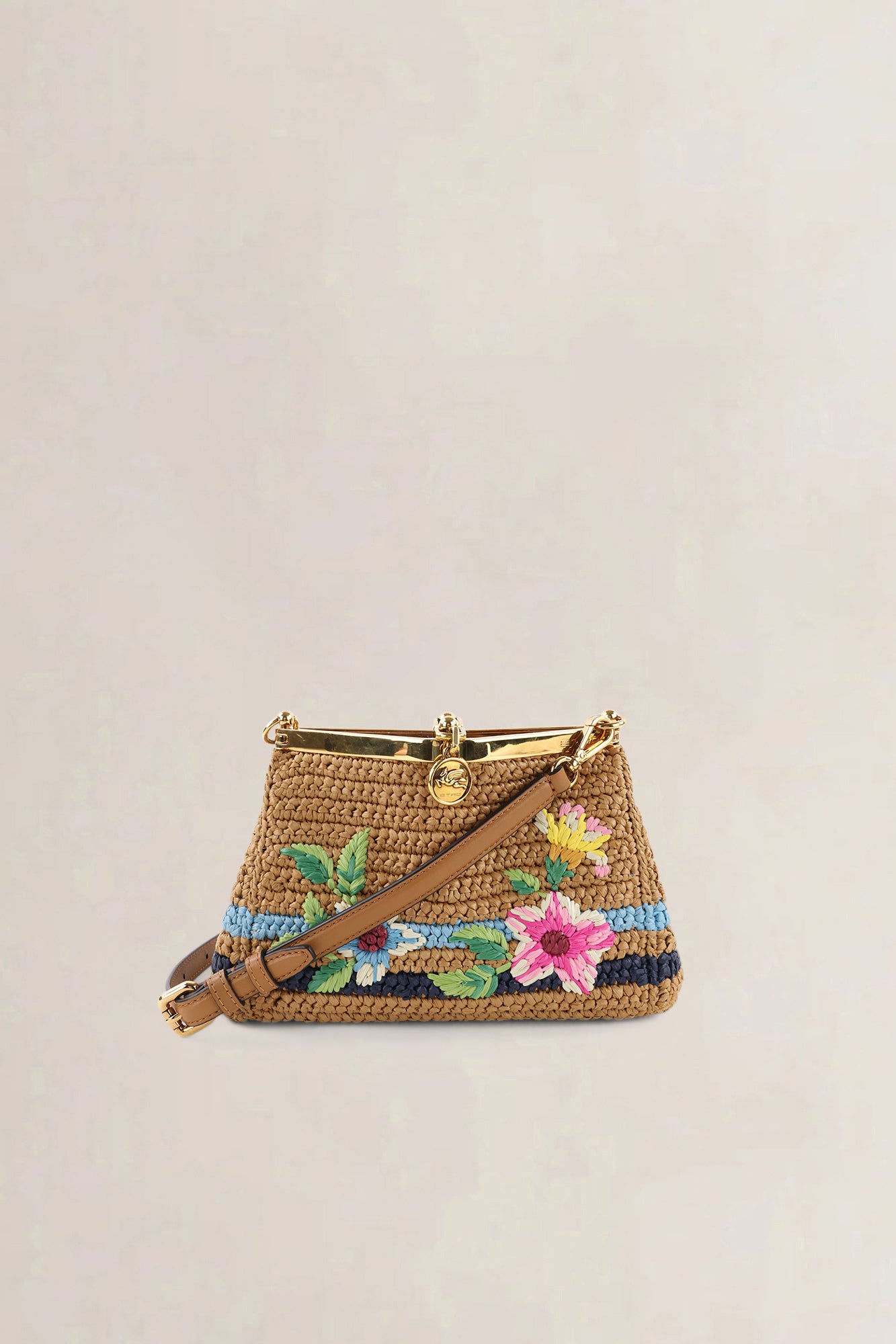 Etro Brown Raffia Floral-Embroidered Crossbody Bag