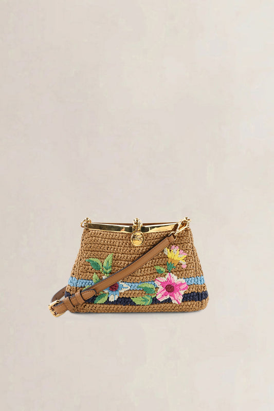 Etro Brown Raffia Floral-Embroidered Crossbody Bag