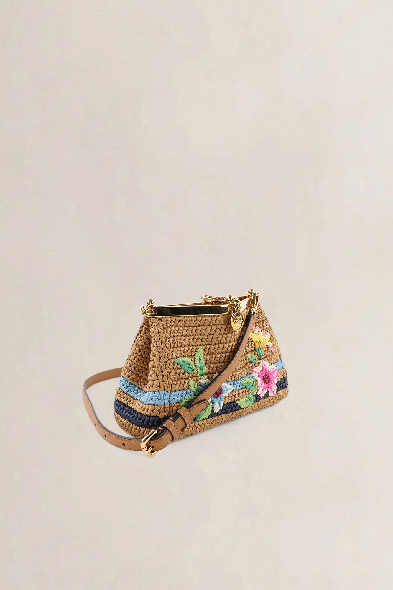 Etro Brown Raffia Floral-Embroidered Crossbody Bag