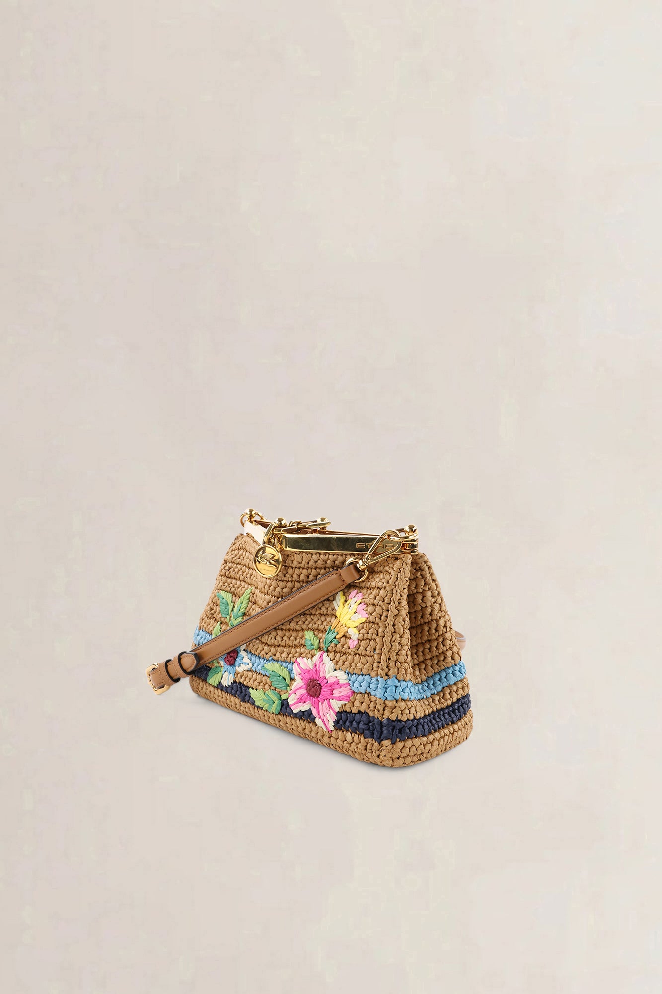 Etro Brown Raffia Floral-Embroidered Crossbody Bag