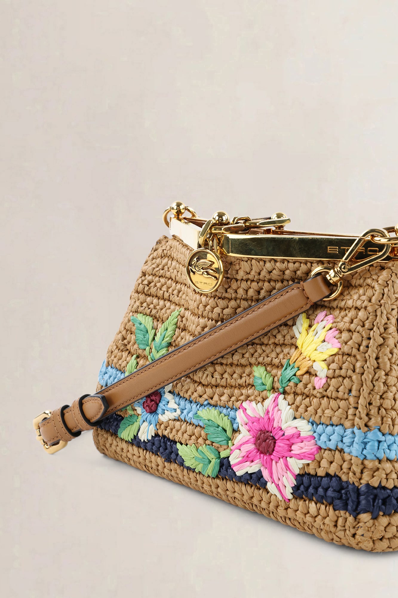Etro Brown Raffia Floral-Embroidered Crossbody Bag