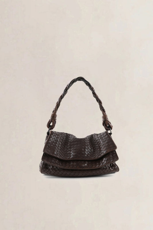 Bottega Veneta Dark Brown Intrecciato Braided Double-Flap Shoulder Bag