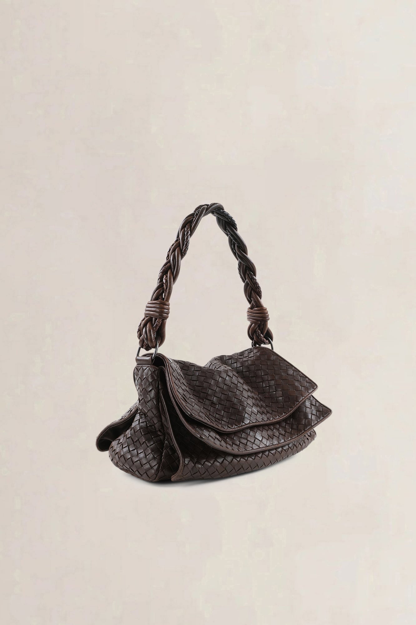 Bottega Veneta Dark Brown Intrecciato Braided Double-Flap Shoulder Bag