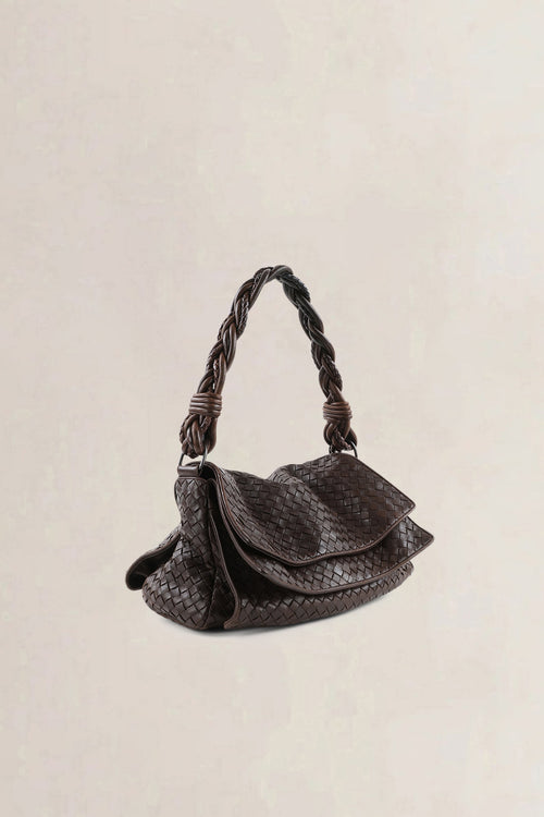 Bottega Veneta Dark Brown Intrecciato Braided Double-Flap Shoulder Bag