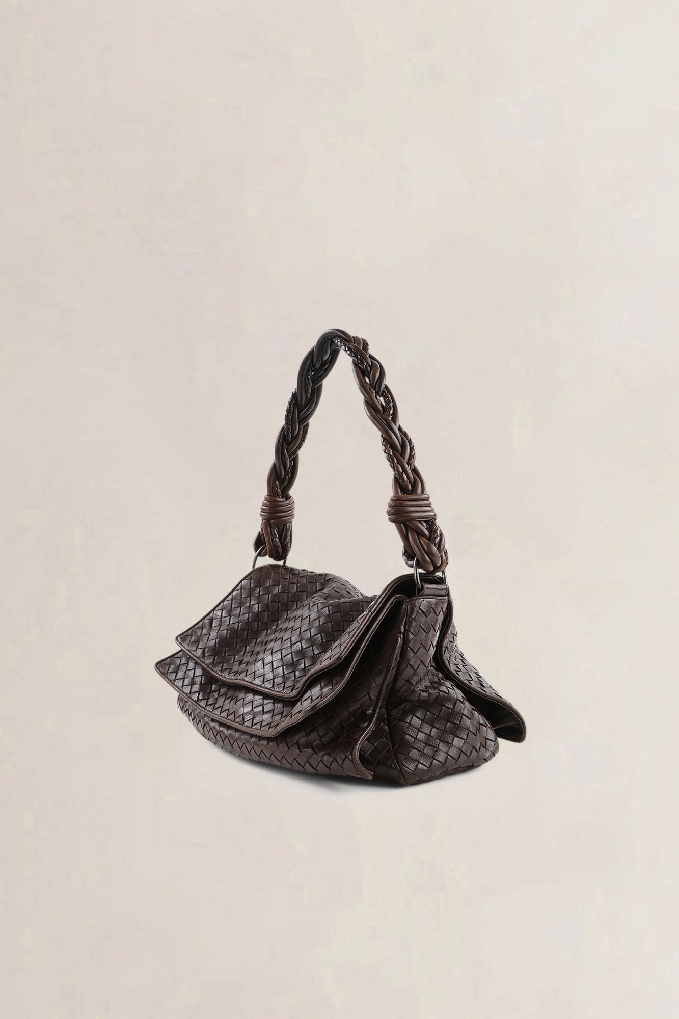Bottega Veneta Dark Brown Intrecciato Braided Double-Flap Shoulder Bag