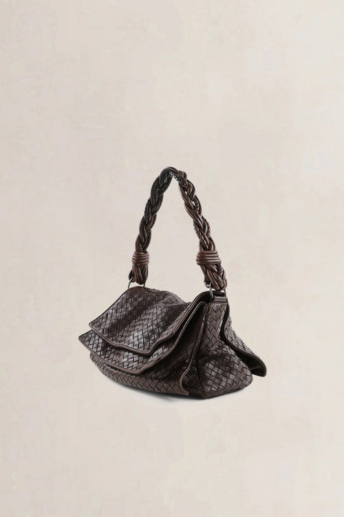 Bottega Veneta Dark Brown Intrecciato Braided Double-Flap Shoulder Bag