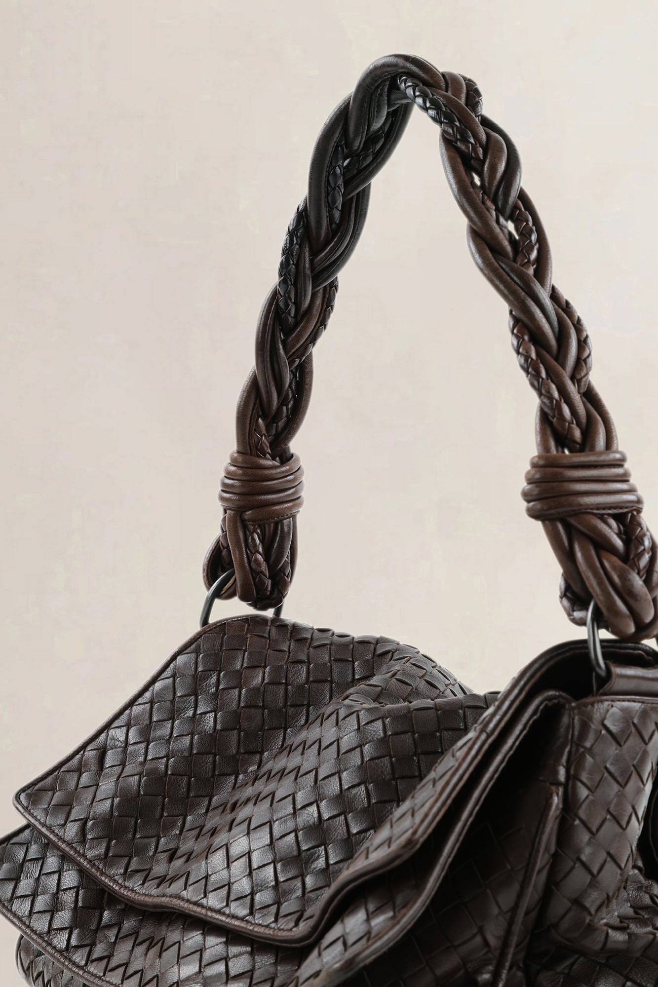 Bottega Veneta Dark Brown Intrecciato Braided Double-Flap Shoulder Bag