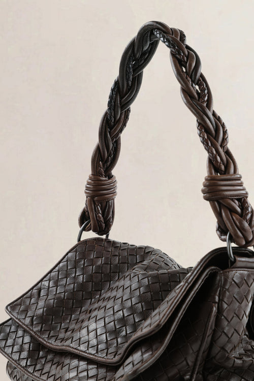 Bottega Veneta Dark Brown Intrecciato Braided Double-Flap Shoulder Bag