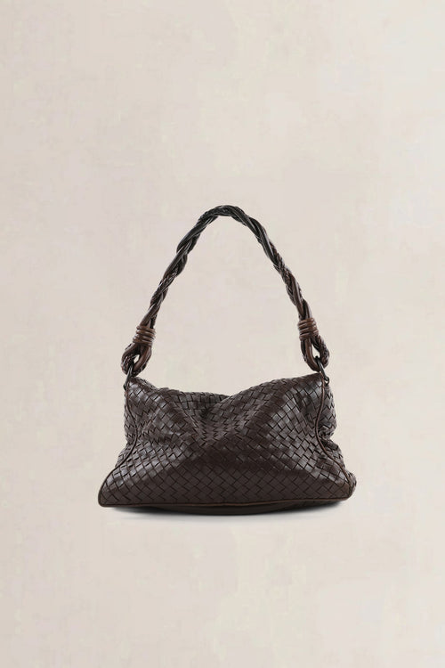 Bottega Veneta Dark Brown Intrecciato Braided Double-Flap Shoulder Bag