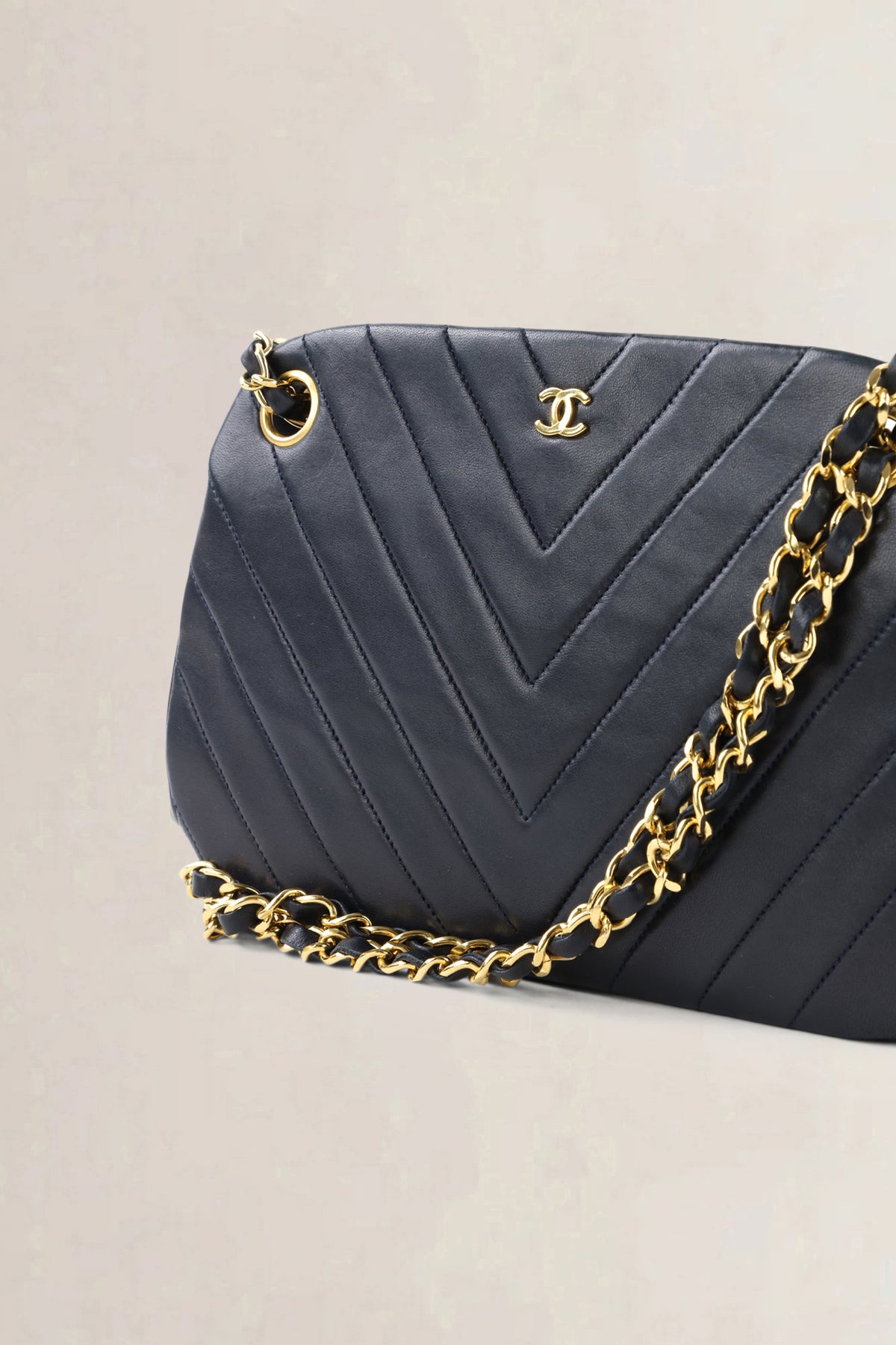 Chanel Blue Chevron Quilted Kiss Lock Shoulder Bag