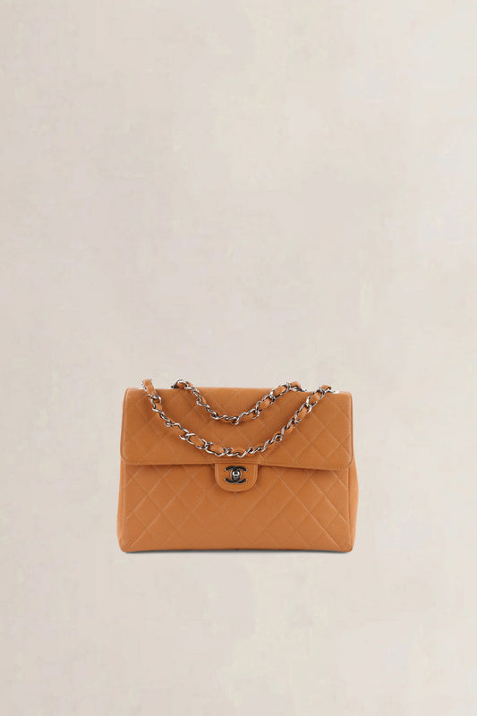 Chanel Orange/Brown Caviar Leather Single Flap Shoulder Bag